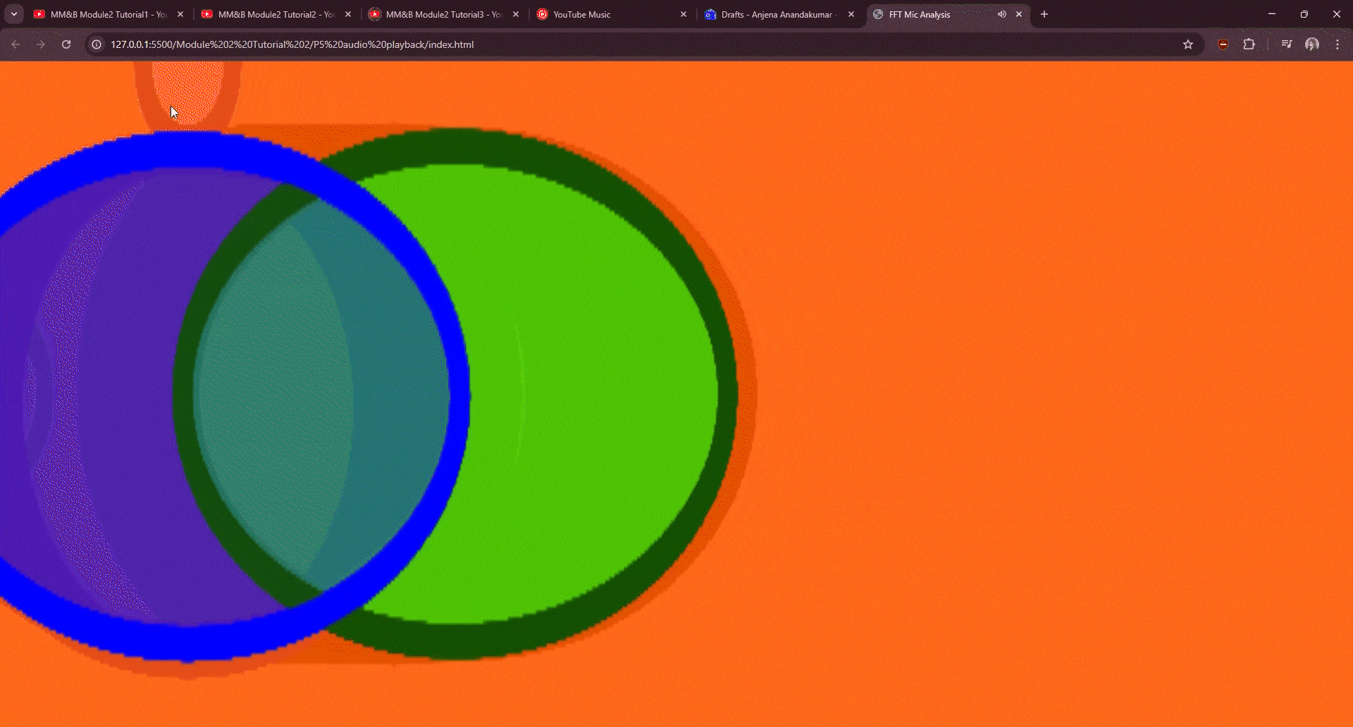 Tutorial 2 exploration. This one I changed the colours, sounds, the way the shapes look and react according to the mouse movement.