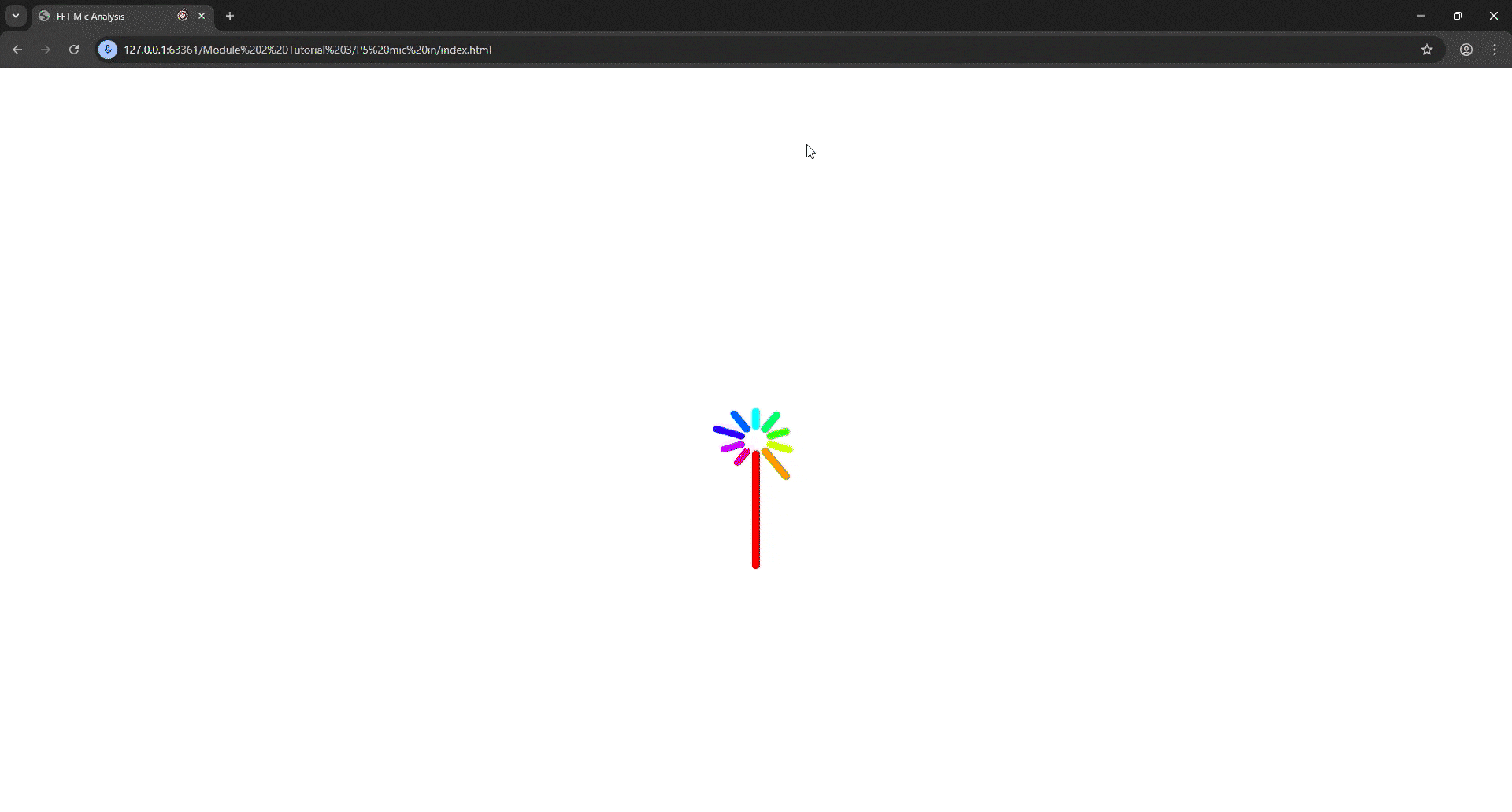 Tutorial 3 exploration of shapes and colours as well as mic reactivity/sensitivity. I tried to pull p5.js code from the recommended links and articles and incorporate my own sounds rather than use the mic, however I ran into many errors and was not able to get it working.