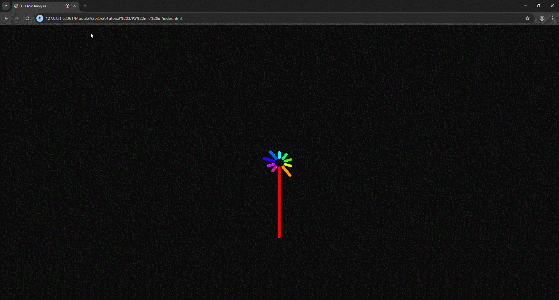 Tutorial 3 exploration of shapes and colours as well as mic reactivity/sensitivity. I tried to pull p5.js code from the recommended links and articles and incorporate my own sounds rather than use the mic, however I ran into many errors and was not able to get it working.