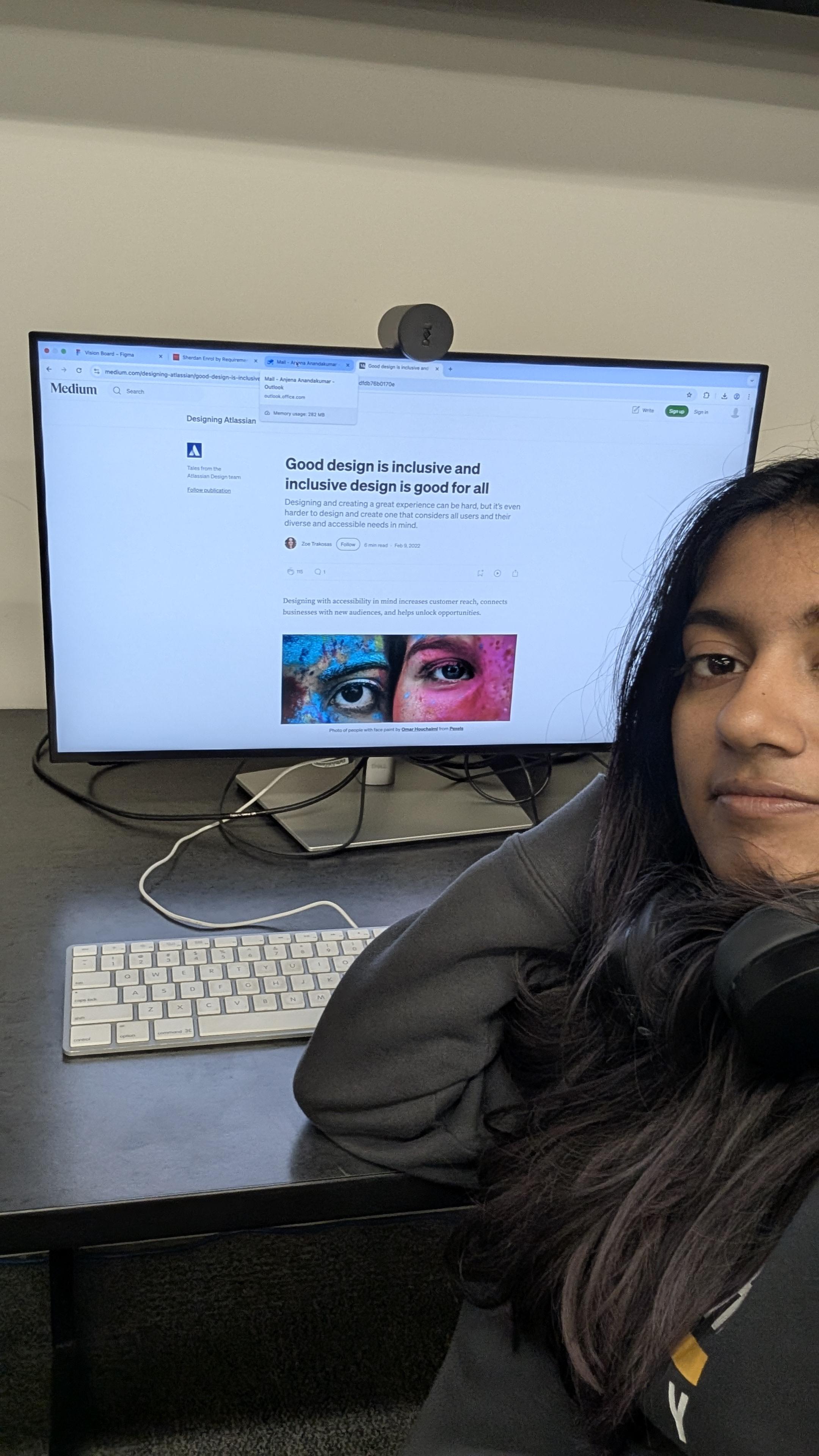 In my final selfie, I'm learning about inclusive design and pulling up an article and how to improve and expand the inclusivity of my designs.